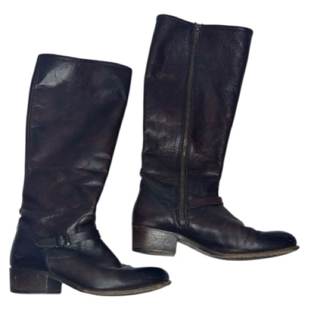 Frye Lynn Strap Tall Zipper Dark Brown Leather Riding Boots. Size 9.